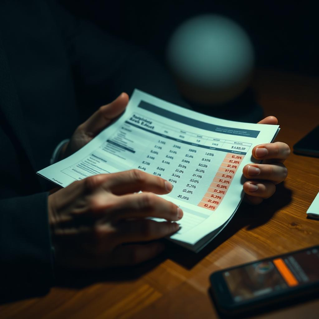 Dono de pequeno negócio olhando extrato bancário com números vermelhos à noite